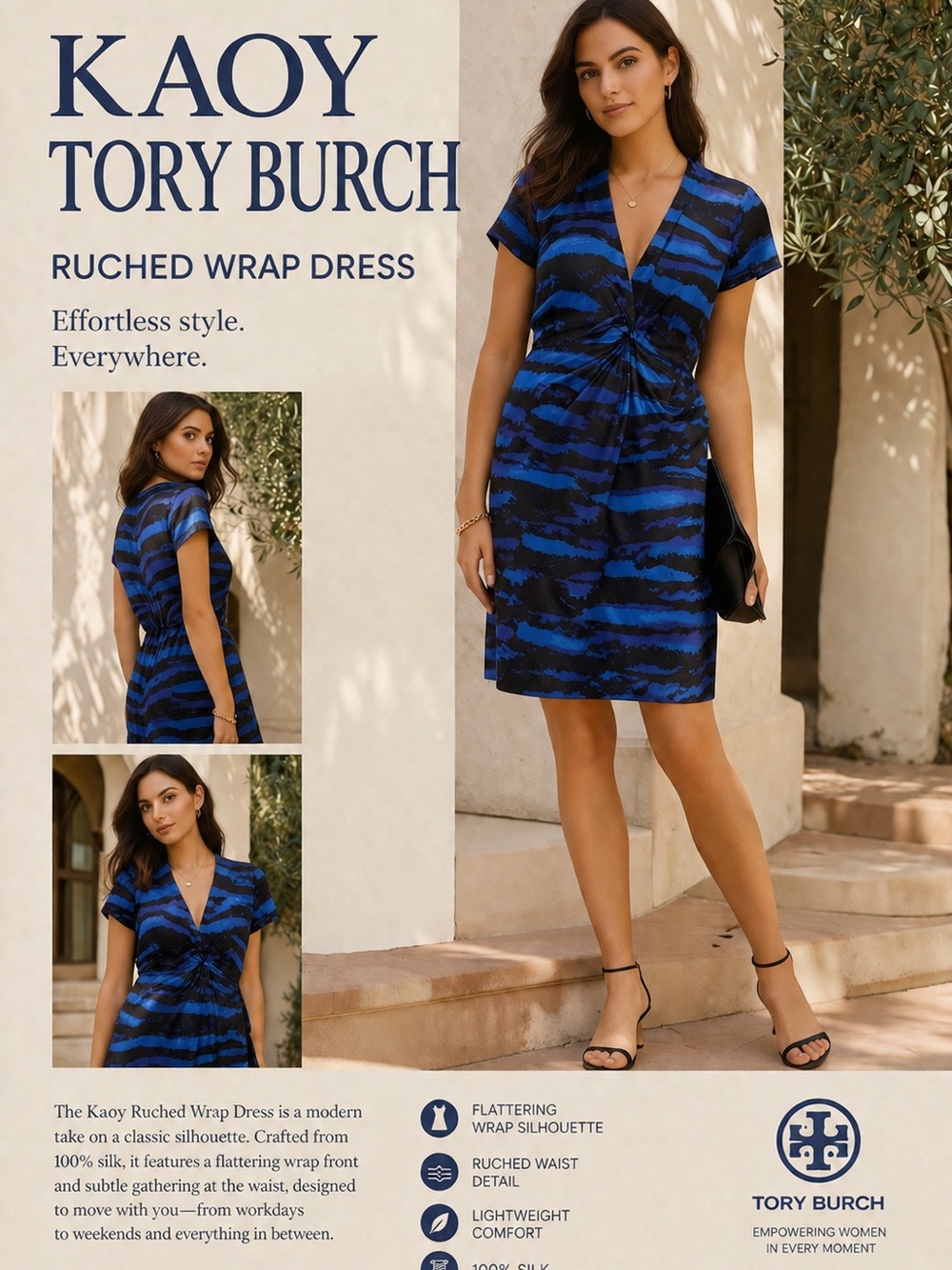 Tory Burch Kaoy Blue and Black Ruched faux Wrap Dress